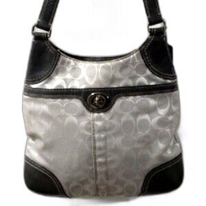 Coach Signature Grey Canvas Shoulder Bag - Black Leather Trim & Turnlock 11"x11"